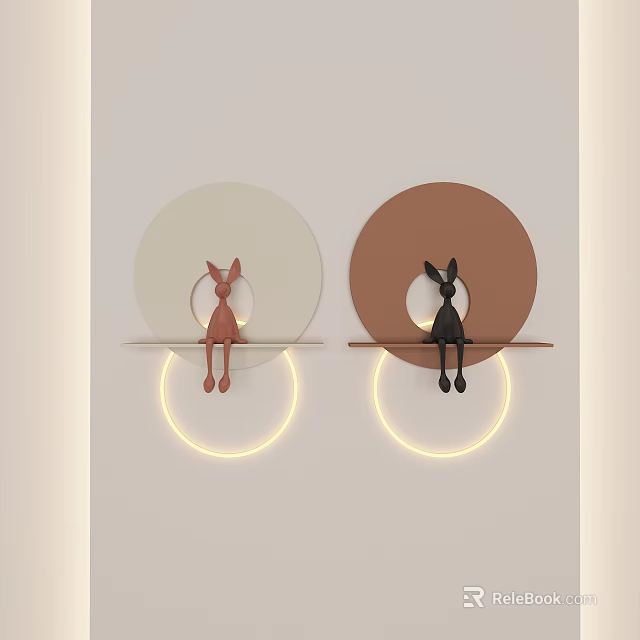 Modern Circular Wall Decor with Rabbit Ornaments LED Light Strips and Shelves 3d model