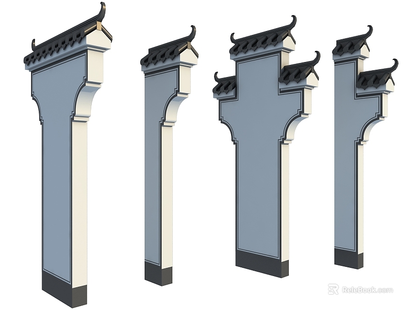 Traditional Chinese Style Scenic Wall with Black Roof Decorations White Borders and Blue Body 3d model 