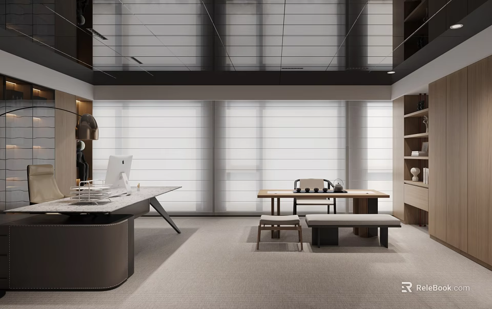 Modern Office Interior Design With Spacious Desk Comfortable Chair Bookshelves And Large Windows 3d model 