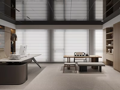 Modern Office Interior Design With Spacious Desk Comfortable Chair Bookshelves And Large Windows 3d model