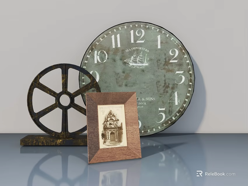 Gray Swing Door With Vintage Clock Wheel Decor And Photo Frame On Table 3d model 