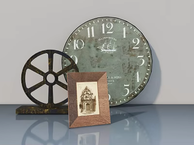 Gray Swing Door With Vintage Clock Wheel Decor And Photo Frame On Table 3d model