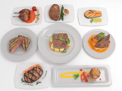 Assorted Grilled Meat Dishes With Fresh Vegetables Sauce Herbs And Lemon On Plates 3d model