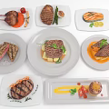 Assorted Grilled Meat Dishes With Fresh Vegetables Sauce Herbs And Lemon On Plates