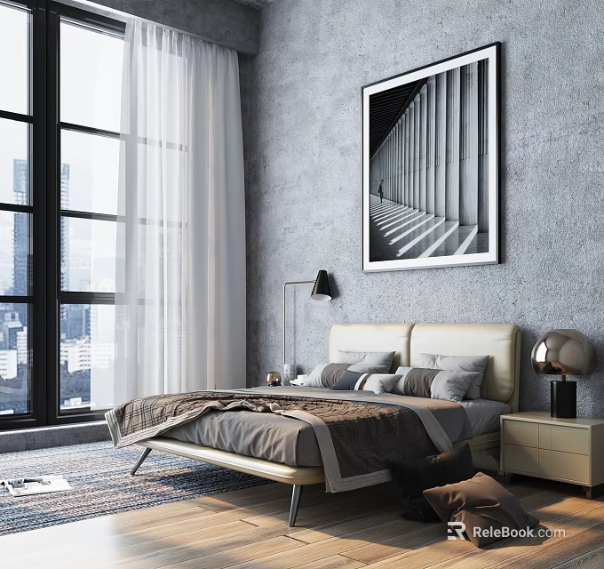 Modern Double Bed With Gray Wall Large Window White Curtains And Black White Painting 3d model 