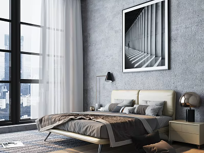 Modern Double Bed With Gray Wall Large Window White Curtains And Black White Painting 3d model