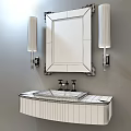 Modern Bathroom Washbasin With Wooden Countertop Mirror And Wall Sconces On Dark Wall