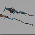 Blue Red And Brown Space Exploration Machinery With Propeller Glowing Lines And Elongated Structure