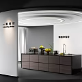 Modern Kitchen Interior With Curved Walls Circular Recessed Lighting Dark Cabinets And Countertop Fruits