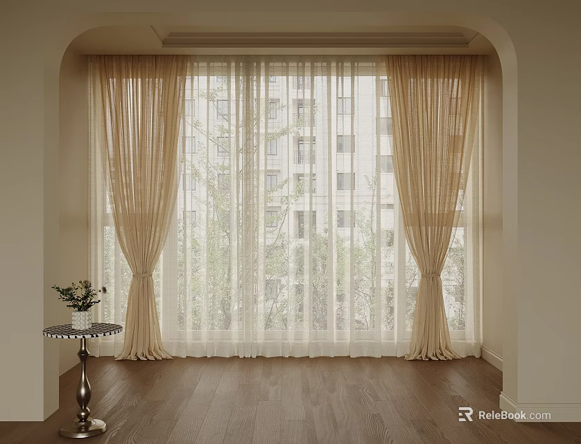Beige Layered Curtains With Sheer Panels For Arched Window Wooden Floor Green Trees View 3d model 