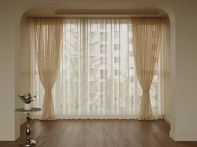 Beige Layered Curtains With Sheer Panels For Arched Window Wooden Floor Green Trees View 3d model
