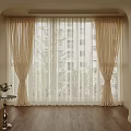 Beige Layered Curtains With Sheer Panels For Arched Window Wooden Floor Green Trees View
