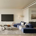 Modern Elegant Living Room Interior With Blue Sofa TV And Patterned Rug