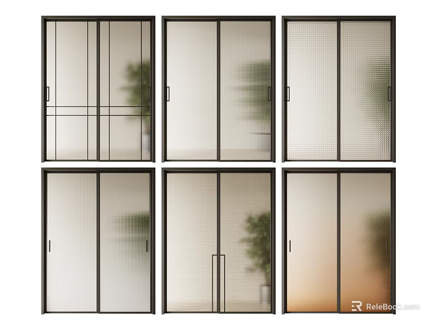 Modern Sliding Doors Featuring Various Glass Patterns And Black Frames For Interior Spaces 3d model