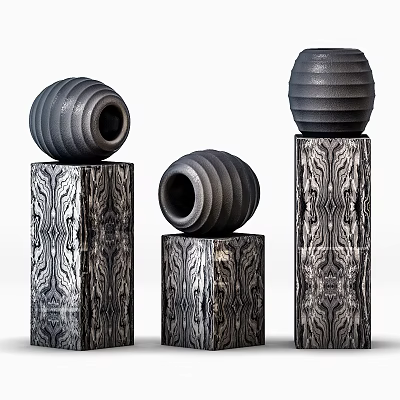 Garden Ornaments Three Modern Spiral Patterned Pottery Jars On Wood Grain Bases 3d model