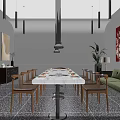 Elegant Private Dining Box With Long Table Green Sofa Pendant Lights And Decorative Artwork 3d model