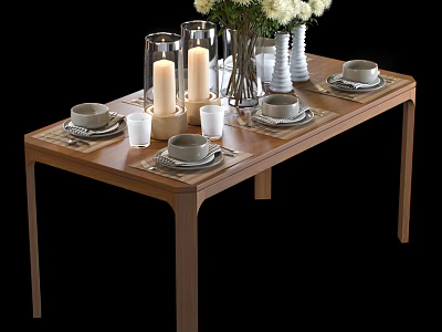 Stylish Wooden Dining Table Decorated With Plates Placemats Candles And Flower Vase 3d model