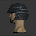 Metallic Helmet With Red Cross Emblem And Decorative Stripes On Wooden Mannequin Head