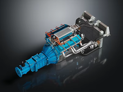 Automotive Parts With Metal Structure Blue Components Pipes Radiator And Mechanical Design 3d model