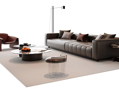 Modern Leather Sofa and Coffee Table Set with Round Glass Top Accent Pillows and Rug 3d model