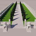 Traditional Garden Landscape Featuring Stone Lions Railings And Pine Trees On Green Lawn