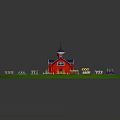 Cartoon Garden Scene With Green Circular Field Arranged Plots Various Plants And Red Central House