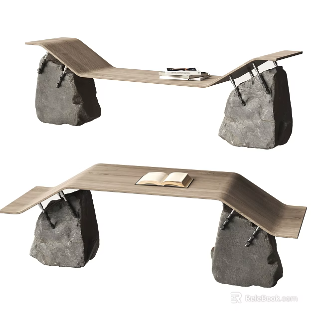 Rustic Wooden Desk Design With Natural Stone Legs And Open Book 3d model 