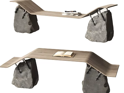 Rustic Wooden Desk Design With Natural Stone Legs And Open Book 3d model