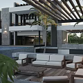 Modern Detached Villa with Outdoor Terrace Swimming Pool White Sofas Wooden Deck and Palm Trees