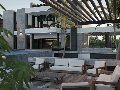 Modern Detached Villa with Outdoor Terrace Swimming Pool White Sofas Wooden Deck and Palm Trees 3d model