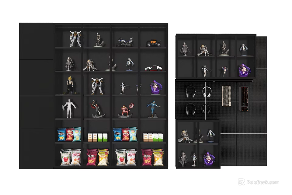 Black Bookshelf With Multiple Shelves Displaying Action Figures And Snack Packages 3d model 