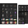 Black Bookshelf With Multiple Shelves Displaying Action Figures And Snack Packages
