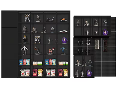 Black Bookshelf With Multiple Shelves Displaying Action Figures And Snack Packages 3d model