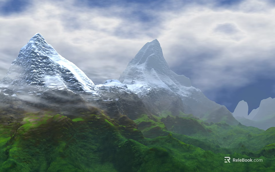Scenic Garden Landscape Featuring Snow Capped Mountains Green Vegetation Clouds and Mist 3d model 