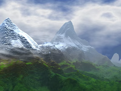 Scenic Garden Landscape Featuring Snow Capped Mountains Green Vegetation Clouds and Mist 3d model