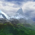 Scenic Garden Landscape Featuring Snow Capped Mountains Green Vegetation Clouds and Mist