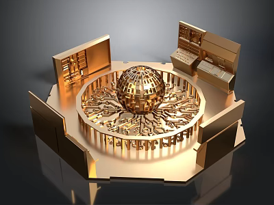 Golden Circular Display Platform With Spherical Centerpiece Ornate Carvings And Surrounding Cabinet Structures 3d model