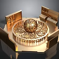 Golden Circular Display Platform With Spherical Centerpiece Ornate Carvings And Surrounding Cabinet Structures