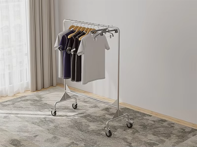 Metal Clothes Rack With Wheels Hanging Casual T Shirts In Indoor Room 3d model