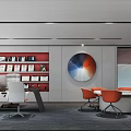 Modern Public Office Space With Orange Chairs White Desks And Desktop Computers