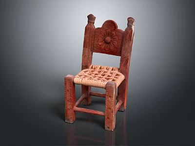 Vintage Wooden Chair With Carved Sunflower Backrest And Woven Seat Design 3d model