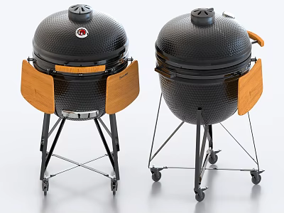 Two Modern Black Kitchen Grills With Wooden Side Panels And Wheeled Stands 3d model