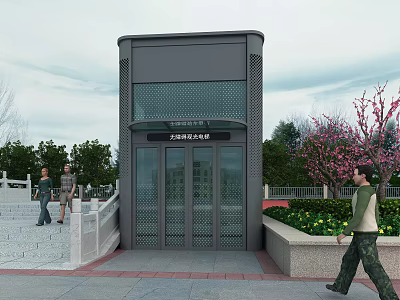 Outdoor Accessible Elevator With Stone Steps Trees Flower Plants And Pedestrians Nearby 3d model