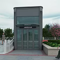 Outdoor Accessible Elevator With Stone Steps Trees Flower Plants And Pedestrians Nearby