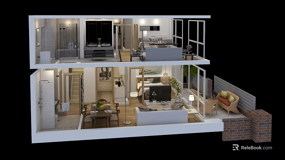 Modern Living Dining Room Interior With Open Layout Sofa Dining Table Windows And Plants 3d model 