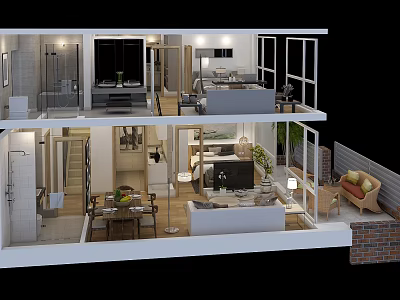 Modern Living Dining Room Interior With Open Layout Sofa Dining Table Windows And Plants 3d model