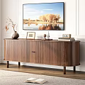 Walnut Wood TV Stand With Ribbed Design Vase Books And Wall Art In Living Room