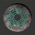 Intricate Carved Bowl Sculpture With Turquoise Pink Floral Patterns And Artistic Design