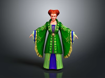 Elegant Game And Movie Character In Green Robe With Red Hairstyle And Golden Decorations 3d model