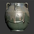 Handcrafted Ceramic Vase With Dripping Green Glaze And Three Textured Handles